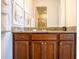 Bathroom featuring a dark wood vanity with granite countertops, a mirror, and towel rack, providing a luxurious experience at 311 W Falls Dr, Kissimmee, FL 34747
