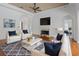 Bright living room with hardwood floors, fireplace, white sofas and accent pillows at 7698 Mount Carmel Dr, Orlando, FL 32835