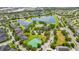 This aerial view shows neighborhood amenities include a pool, playground, tennis courts, and a scenic lake at 12917 Grovehurst Ave, Winter Garden, FL 34787
