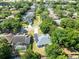 Lovely neighborhood from above, featuring houses with pools and solar panels, all nestled among lush trees at 1324 Saddleridge Dr, Orlando, FL 32835