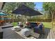Backyard with a blue patio set under a dark blue umbrella, perfect for outdoor entertaining at 641 E Livingston St, Orlando, FL 32803