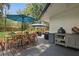 Backyard with a dining area under a blue umbrella and a built-in outdoor grill at 641 E Livingston St, Orlando, FL 32803