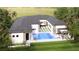 Spacious backyard with a pool and spa, a cozy lounge area and covered patio, shown in an aerial view at 12818 Brunello Cir, Clermont, FL 34711