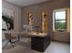 The home office has built-in shelving, contemporary decor, and an exterior view from the window at 12818 Brunello Cir, Clermont, FL 34711