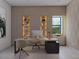 A modern office features built-in shelving, a large desk, and a comfortable chair at 12818 Brunello Cir, Clermont, FL 34711