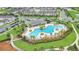 Aerial view of a community pool with lounge chairs, lush landscaping, and a playground at 15060 Book Club Rd, Winter Garden, FL 34787