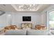 Beautiful living room with hardwood floors, a chic ceiling light, and a sliding glass door to the backyard at 1536 Groveline Rd, St Cloud, FL 34771