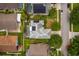Aerial shot showing a home with solar panels and a screened pool in a neighborhood with tree-lined streets at 2853 Strand Cir, Oviedo, FL 32765