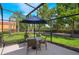Enjoy outdoor dining on this screened patio, furnished with a table, umbrella, and four chairs at 3001 Red Ginger Rd, Kissimmee, FL 34747