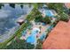Overhead shot of community pools with plenty of lounge chairs and an entertainment zone on the lake at 3001 Red Ginger Rd, Kissimmee, FL 34747