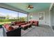 Relaxing screened lanai with comfortable seating, a ceiling fan, and brick flooring at 5013 E Fountainwood Dr, St Cloud, FL 34772