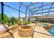 A backyard paradise with a fire pit, hot tub, and seating area, all within a screened enclosure at 10160 Mallard Landings Way, Orlando, FL 32832