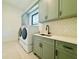 Convenient laundry room features a sink, modern washer and dryer, cabinets, and decorative backsplash at 182 N Phelps Ave, Winter Park, FL 32789