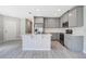 This kitchen offers stainless steel appliances, gray cabinets, and an island, seamlessly blending style and functionality at 4353 Campsite Loop, Orlando, FL 32824