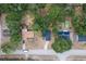 Aerial view of houses on a street with lush green trees; one has a pool, and another has a red patio umbrella at 6345 Hatcher Rd, Lakeland, FL 33811
