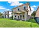 Exterior of home showcasing backyard with green lawn, patio and neutral colored stucco at 8150 Prestbury Dr, Orlando, FL 32832