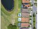 An aerial view shows homes backing onto a pond and golf course with mature landscaping and swimming pools at 13139 Stanthorne Ave, Orlando, FL 32832