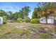 Large backyard with lush greenery, mature trees, and a storage shed at 2123 Weber St, Orlando, FL 32803