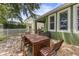 Backyard features a stone patio, outdoor furniture, well-maintained green lawn, privacy fence, and overhead trees at 4813 River Gem Ave, Windermere, FL 34786
