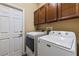 Bright laundry room featuring modern washer and dryer units, storage cabinets and white trim at 4813 River Gem Ave, Windermere, FL 34786