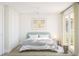 Bright, minimalist bedroom with a modern bed, a ceiling fan, and access to a balcony with natural light at 12536 Westhaven Oak Dr # 111, Winter Garden, FL 34787