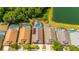 Aerial view of homes, pools, screened patios and a pond at 4640 Eagle Peak Dr, Kissimmee, FL 34746