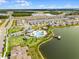 An aerial view showcasing a community pool, recreational spaces, and a lakefront pier for residents at 4829 Cedar Bay Ter, Kissimmee, FL 34746