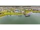 This aerial captures the fishing pier, community pool, clubhouse, and lakeside scenery at 5079 Royal Point Ave, Kissimmee, FL 34746
