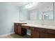 Double vanity in a modern bathroom with dark wood cabinets and a large mirror at 1978 Fishtail Fern Way, Ocoee, FL 34761