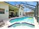 An aerial view of a sparkling pool and spa surrounded by a screened lanai and plenty of seating at 2648 Daulby St, Kissimmee, FL 34747