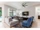 Inviting living room with comfortable seating, fan and neutral walls at 8180 Valhalla Ter, Reunion, FL 34747