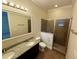 This modern bath boasts double sinks and a tiled walk-in shower at 10631 Village Lake Rd, Windermere, FL 34786