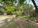 Secluded backyard featuring tropical plants and a storage shed, offering a tranquil outdoor space at 171 Stanley Bell Dr, Mount Dora, FL 32757