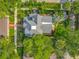 Overhead view of the blue house with a gray roof, green trees, yard, and a shed at 420 S Oak Ave, Sanford, FL 32771