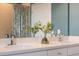 Bathroom features a dual sink vanity with a white countertop, modern fixtures and stylish decor at 8478 Karrer Ter, Orlando, FL 32827