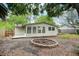 Wide angle of backyard featuring an open patio and fire pit at 1957 Deloy Dr, Daytona Beach, FL 32119