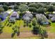 Aerial shot showcasing the home's backyard pool, lush green space, and proximity to neighboring homes and mature trees at 3840 Caledonia Ave, Apopka, FL 32712