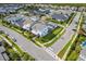 Aerial view of blue two-story home showing fenced in yard, screened pool and community landscape at 6875 Bridgman St, Orlando, FL 32827