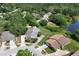 Aerial view of a home with a lush tree canopy, community pond, and swimming pool at 4643 Fern Pine Dr, Orlando, FL 32808
