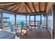 Screened boat dock with seating, a table, and scenic waterfront views at 557 Lake Cove Pointe Cir, Winter Garden, FL 34787