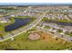 Wide aerial view of a Primary-planned community, featuring Gathering-friendly amenities, interconnected streets, and picturesque lake views at 13462 Panama Beach Ct, Orlando, FL 32827