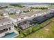 Aerial of houses with backyard pools and screened patios, in a lake community at 13462 Panama Beach Ct, Orlando, FL 32827