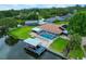 Aerial view of the property with pool, screened-in patio, and boat dock at 1620 Texas Ct, Tavares, FL 32778