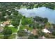 Breathtaking aerial view of a lakeside home surrounded by mature trees, lush lawns, and a tranquil waterfront setting at 656 Lake Charm Dr, Oviedo, FL 32765