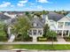 Aerial view of a neighborhood with manicured lawns, palm trees and sidewalks with a cozy porch at 8245 Laureate Blvd, Orlando, FL 32827