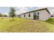 Backyard featuring a green lawn, white siding, and sliding glass doors at 856 Teton St, Haines City, FL 33844