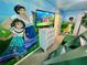 Themed ' bedroom with colorful mural, bunk beds, and built-in TV at 2034 Fleming Mist Pl, Kissimmee, FL 34747