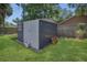 Backyard shed is gray, in good condition, and has a window, with room for storage at 300 Hickory Ct, Apopka, FL 32712