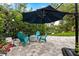 Outdoor patio featuring stone pavers, seating area with blue Adirondack chairs and large cantilever umbrella at 3400 Rose Mallow Loop, Oviedo, FL 32766