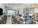 An open-concept living space featuring stylish seating, a view of the pool, and an adjacent dining area at 4210 Barbuda Ln, Kissimmee, FL 34758